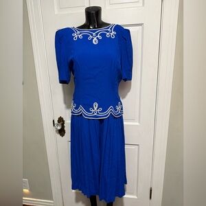 Vintage Blue Dress White Cord Design Size 8 Womens